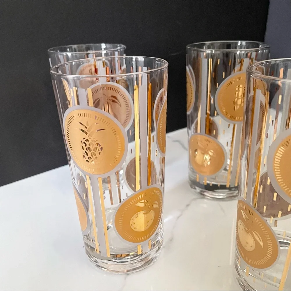 SET of 7 Gold Coin Fruit Highball Glasses by Fred Press